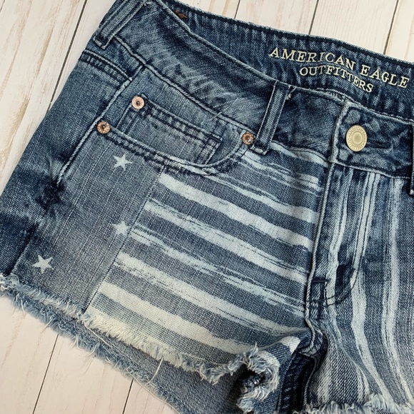 AEO Stars Stripes Flag Cut Off Denim Jean Shorts - Picture 2 of 8